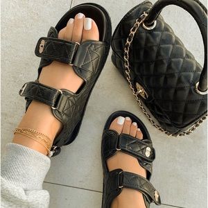 Black Chanel Dad Sandal Dupe Quilted Velcro 🔥